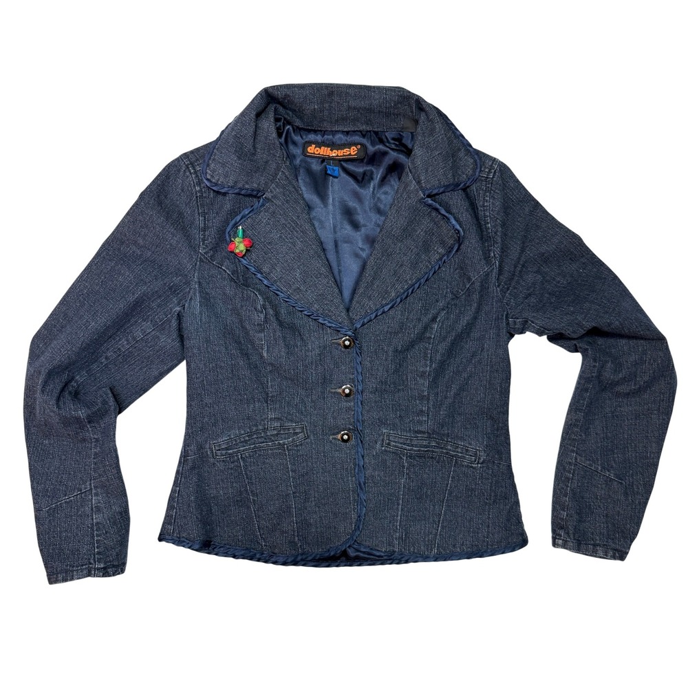 Vintage 00s Y2K Dollhouse Denim Blazer Jacket L Fitted Indie Cherry Detail